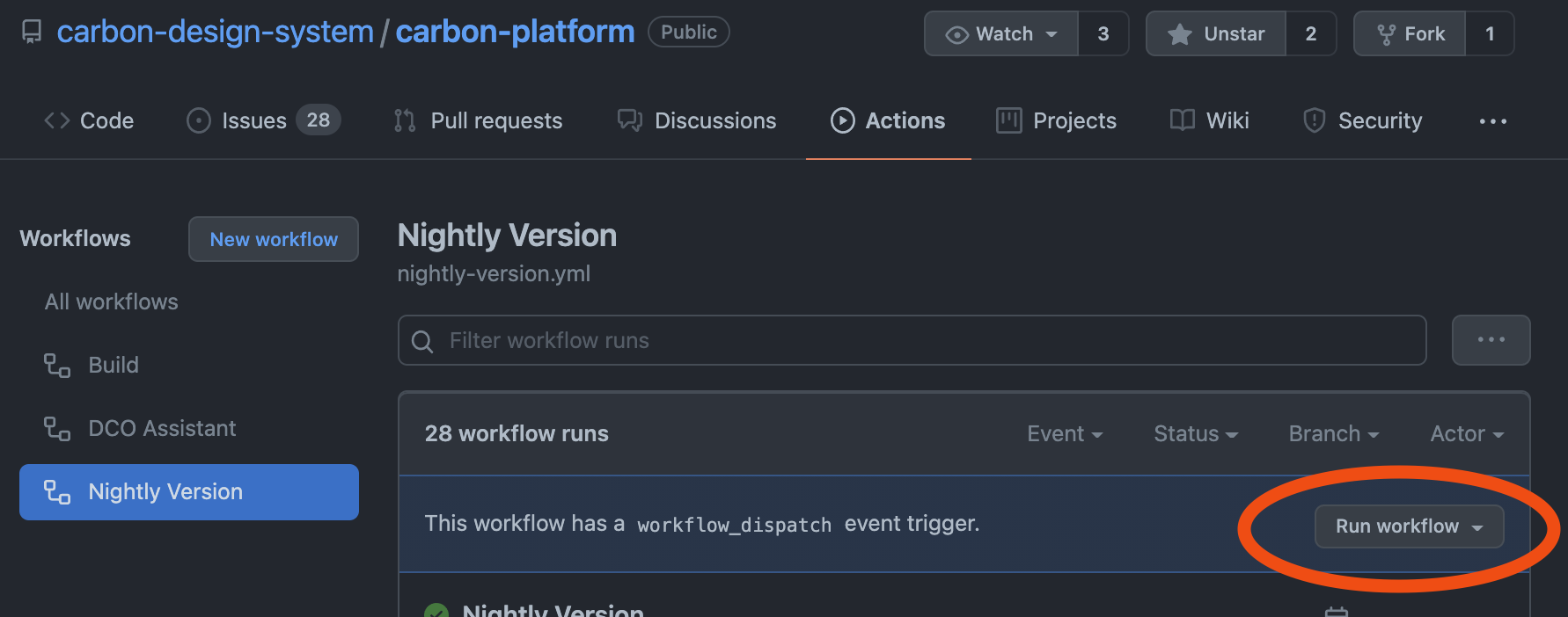 Github UI, Actions, Nightly, Run workflow